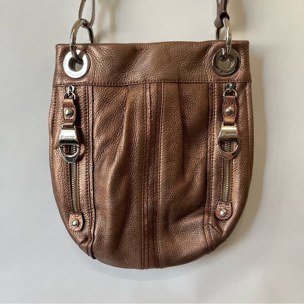 B. Makowsky Bronze Leather Crossbody Bucket Bag